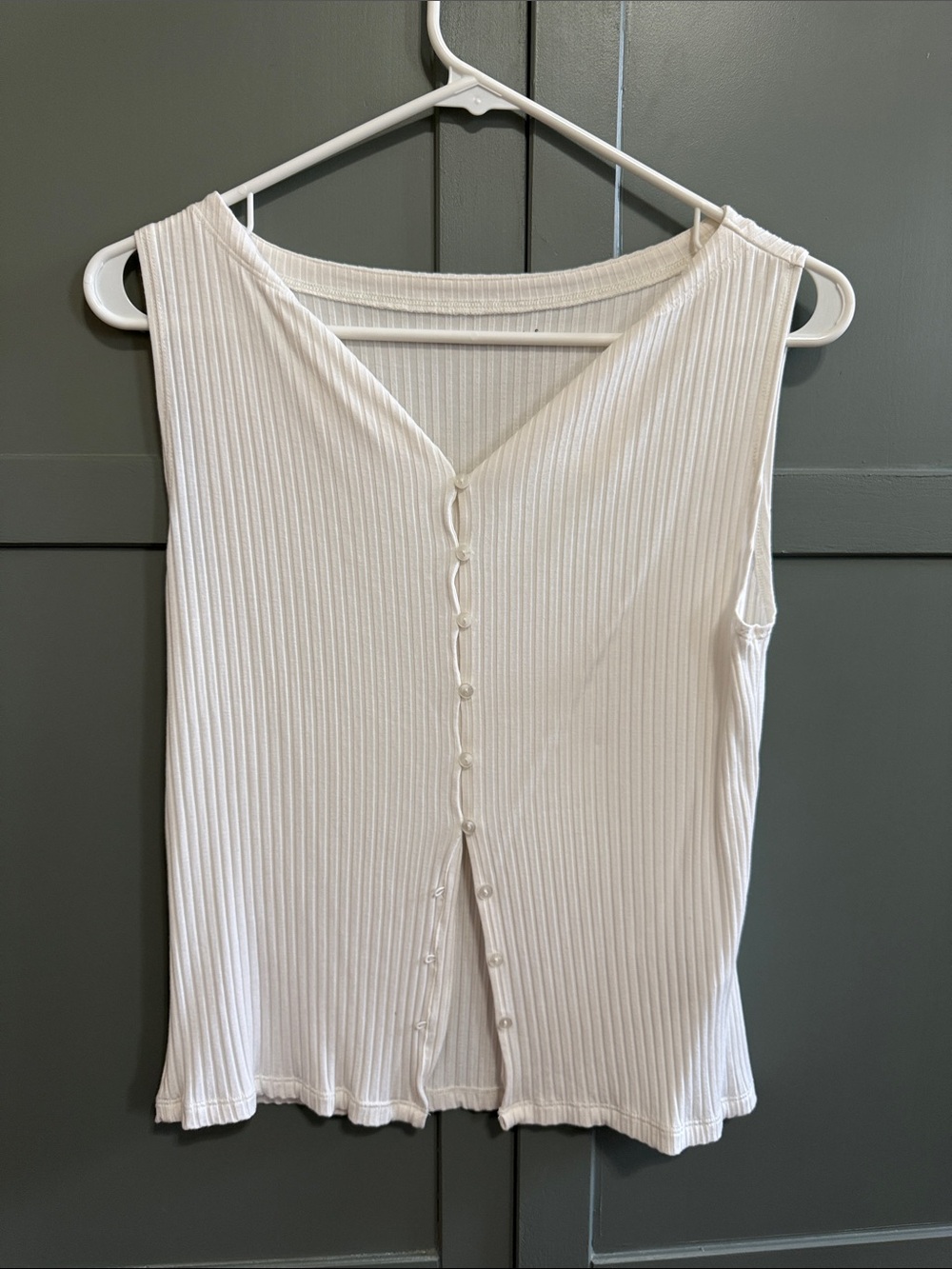 White Ribbed Sleeveless Button-Front Tank Top